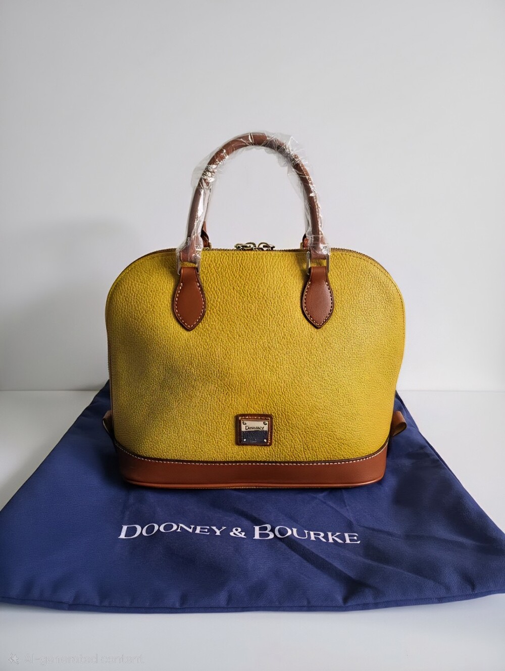 Dooney & Bourke Yellow Leather Satchel with Brown Trim and Handles